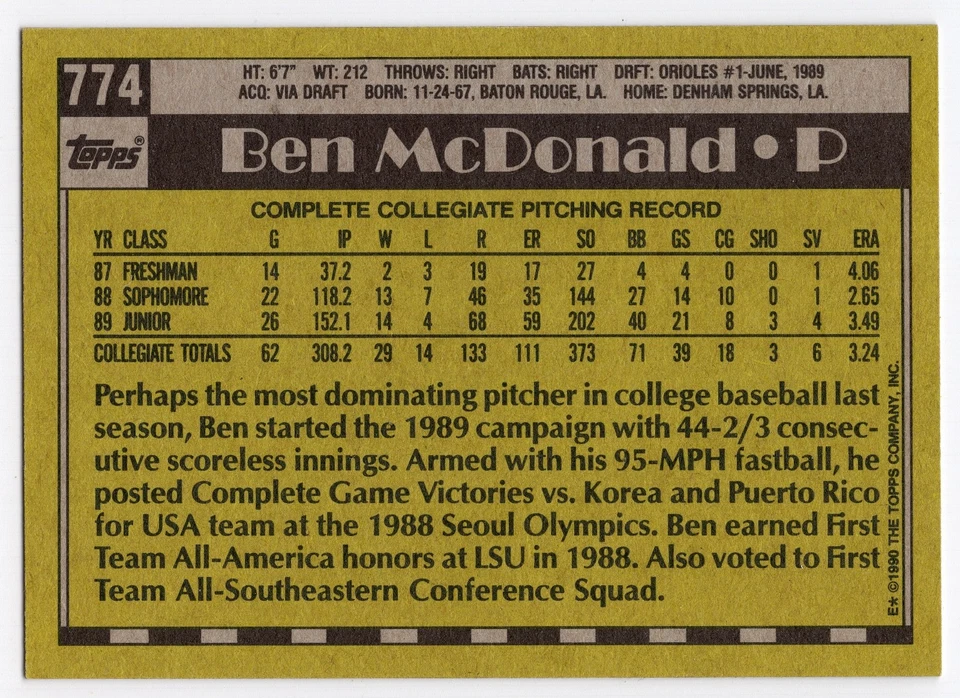 1990 Topps #774 Ben McDonald Baltimore Orioles RC Foto 2 de 3