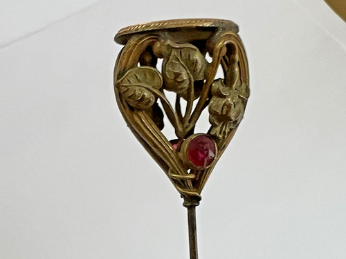 ANTIQUE VICTORIAN ART NOUVEAU FLORAL PINK RHINESTONE HATPIN 9 1/4"Long