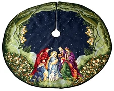 Vintage Handmade Nativity Manger Needlepoint Christmas Tree Skirt