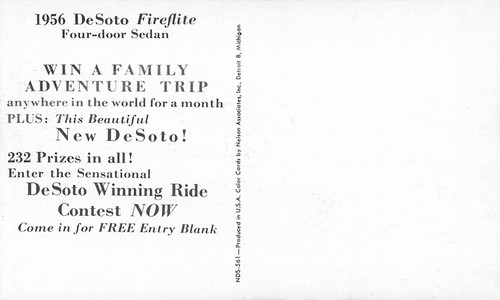 ANTIQUE AUTO, 1956 DESOTO FIREFLITE 4 DOOR SEDAN, VINTAGE POSTCARD (M419) - Picture 2 of 2
