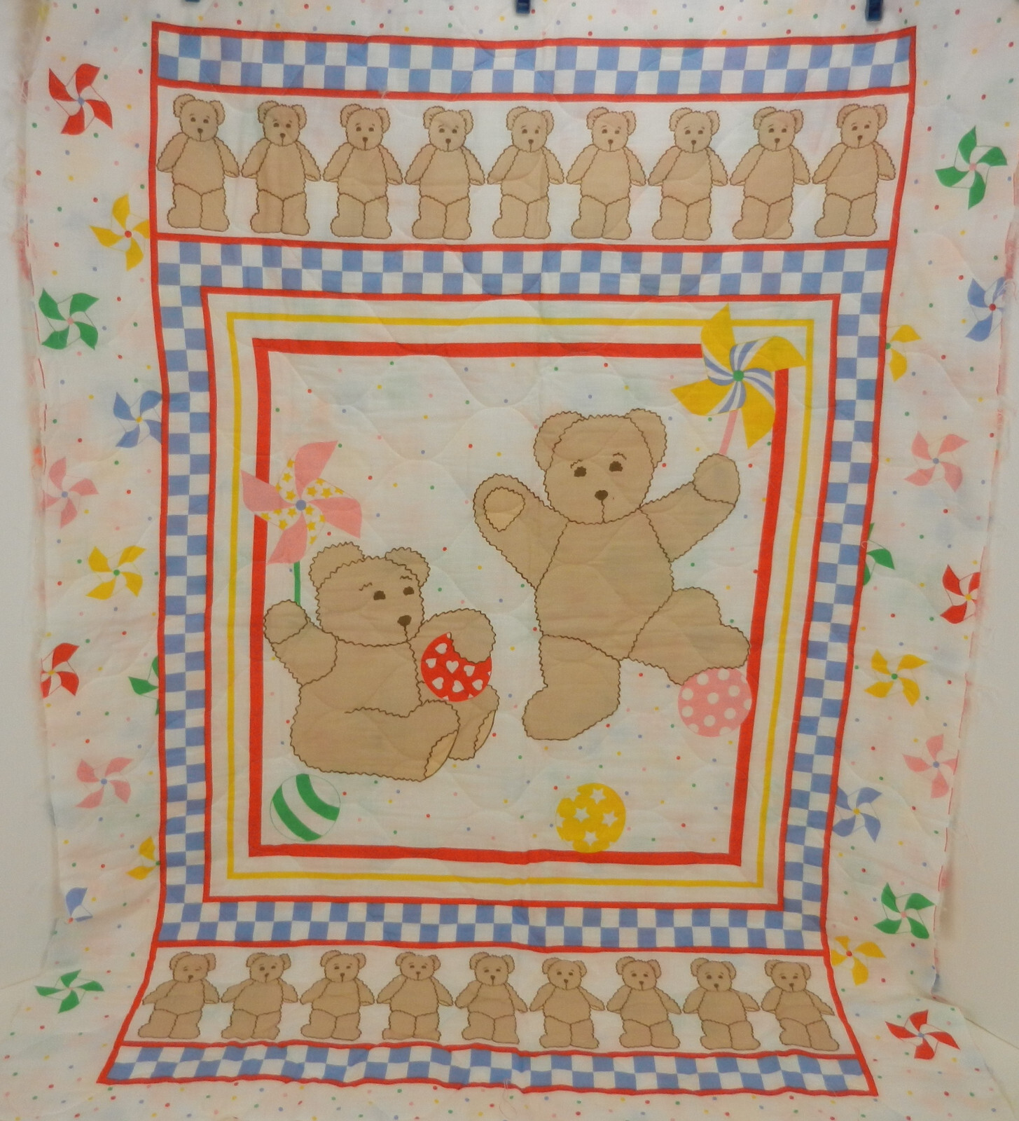 Vintage 1987 Teddy Bears Pinwheels Balls Pre-Quilted Fabric Panel | eBay
