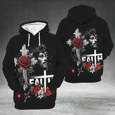 Jesus Faith Roses Cross Christian AOP Hoodie Sweatshirt Full Size S-5XL