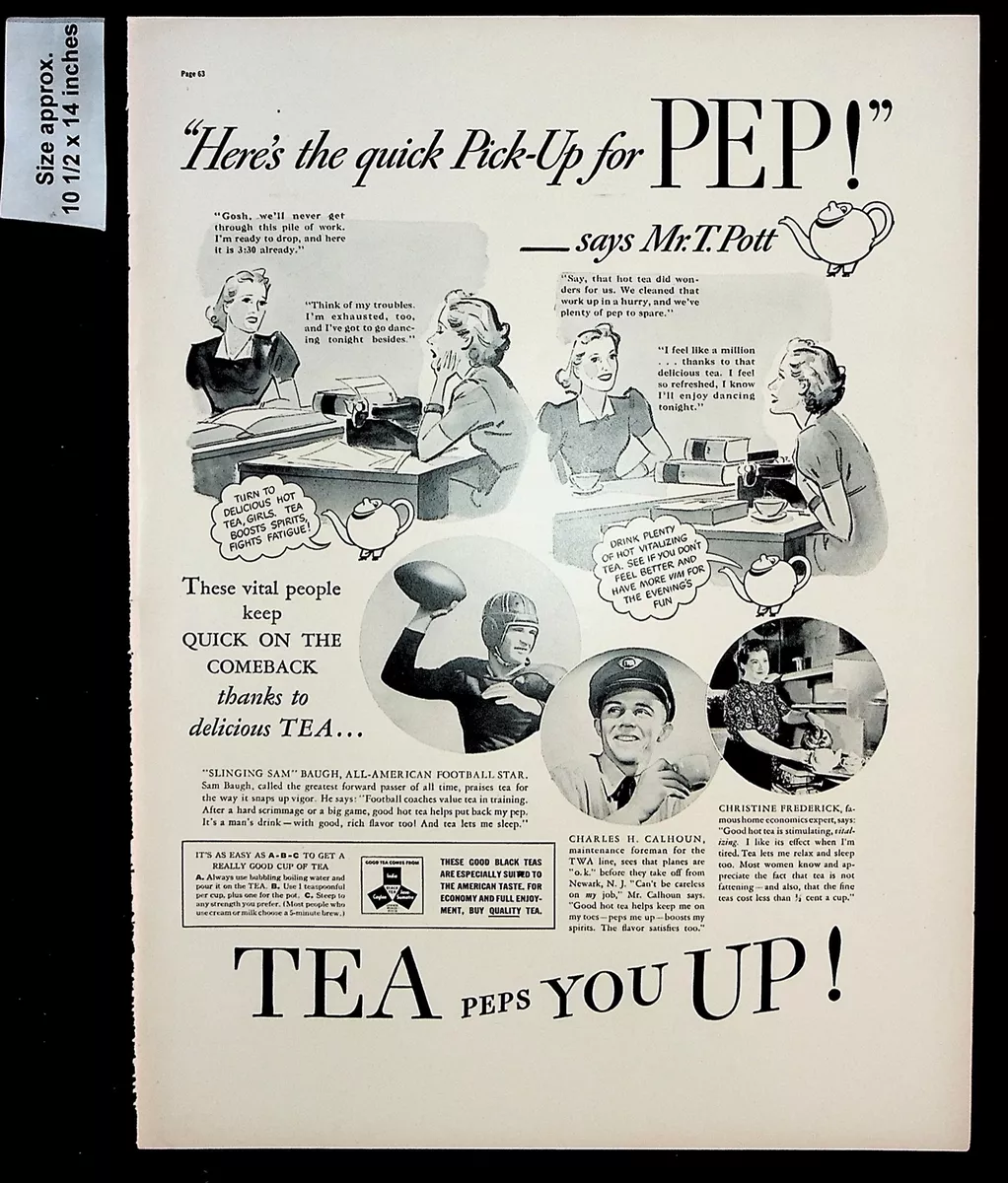 1938 Tea Peps You Up Drink Pickup Woman Home Man Football Vintage Print Ad  39436