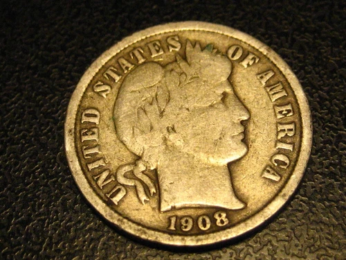 1908-P 90% Silver Barber Dime VG FULL RIMS ^^^^^