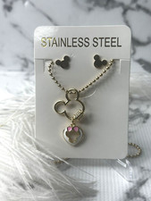 Gold Stainless Steel Disney Minnie Mouse Jewelry Set: Earrings  Necklace