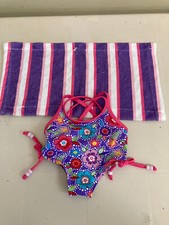Build A Bear Clothes Bathing Suit Purple floral with beach Towel striped