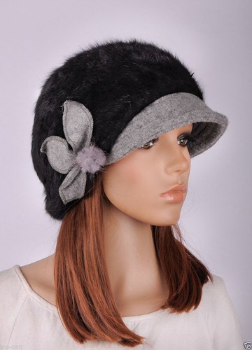 M82 Lindo conejo piel y sombrero de ala de lana Invierno de las mujeres Beanie Newsboy Gorra NEGRO - Imagen 4 de 4