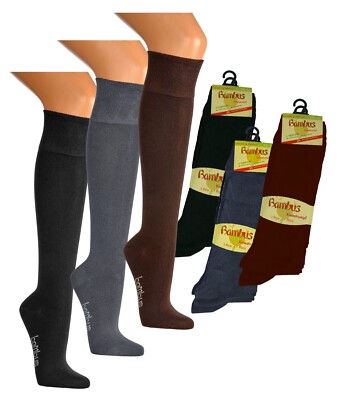 1-6 Pairs Ladies ''Bamboo'' Knee High Socks Viscose Stockings No Elastic Antibacterial