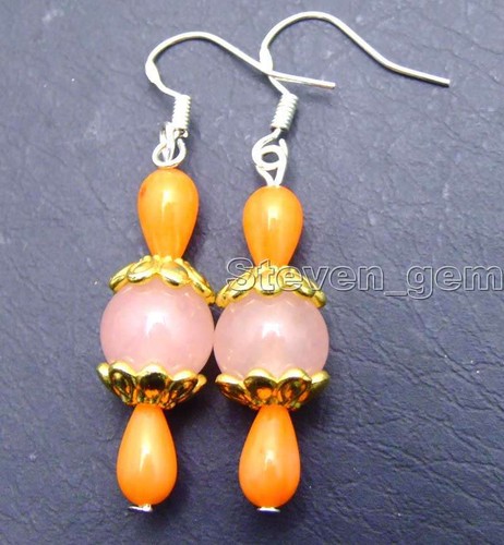 SALE 5*9mm orangr drop coral with 10mm pink jade earring silver s925 hook-ear416 - Picture 3 of 3