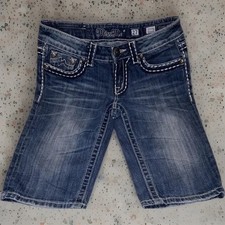 Miss Me Irene Bermuda Shorts Blue Denim White Stitch Embellished Western Sz 27
