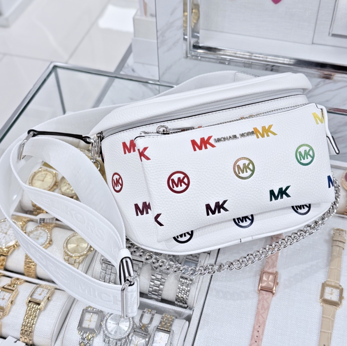 Michael Kors Slater Medium Chain Sling Pack Crossbody Bag Optic