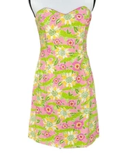 Lilly Pulitzer Croc Monsieur  Strapless Dress 8 Pink Yellow Vintage White Label