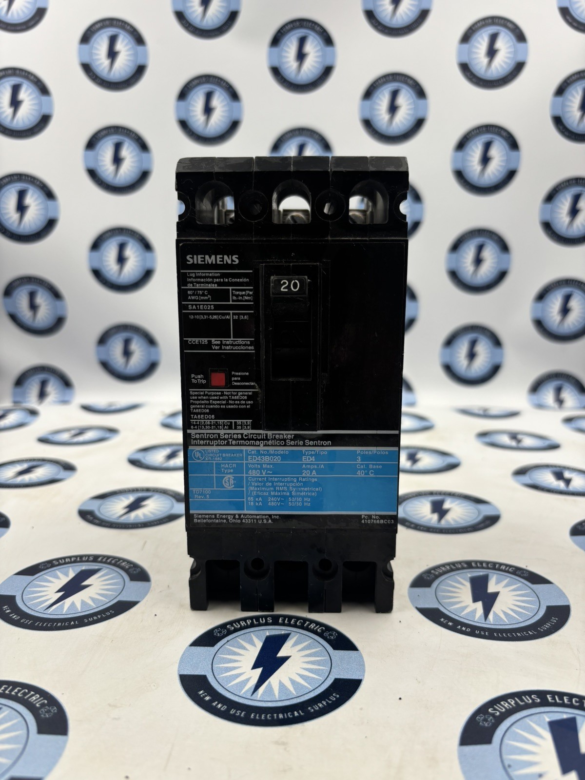 Siemens ED43B020 Molded Case Circuit Breaker 3 pole 20 Amp  TYPE  HACR 480 Volts