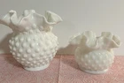 Vintage Fenton Hobnail Milk Glass With Ruffled Edge Set Of 2 Bud Vases