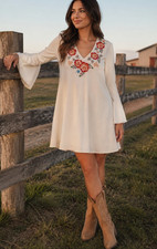 Altar'd State Embroidered Yoke Floral Dress Sz S Cream Orange Flowers Lined 32"L