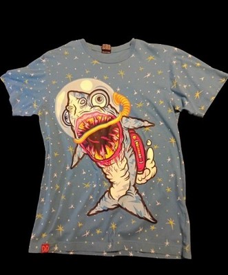 Drop Dead Blue Space Shark Graphic Print Cotton Crew Neck T-Shirt, Size S Men