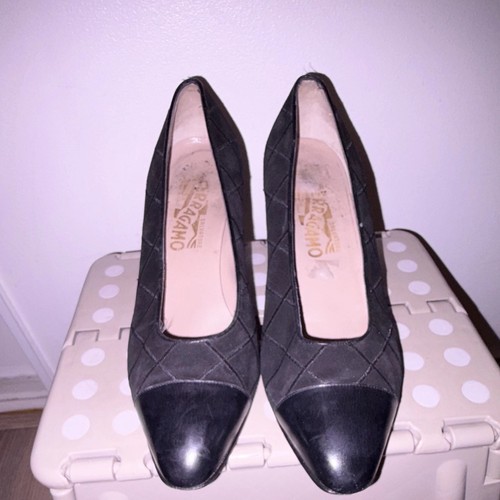 Salvatore Ferragamo Black Leather/Patent Cap Toe Almond Pump 8.5 C