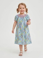 Southern Tots Girls Dress Size 6 Blue Paisley Smocked Corduroy Puff Sleeve