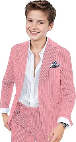Seersucker Boy's Suits Summer Two Pieces Coat Pants Notch Lapel Leisure Casual - Picture 4 of 27