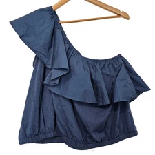 A New Day Blouse Womens XL Blue One Shoulder Ruffle Sleeveless Boho Top