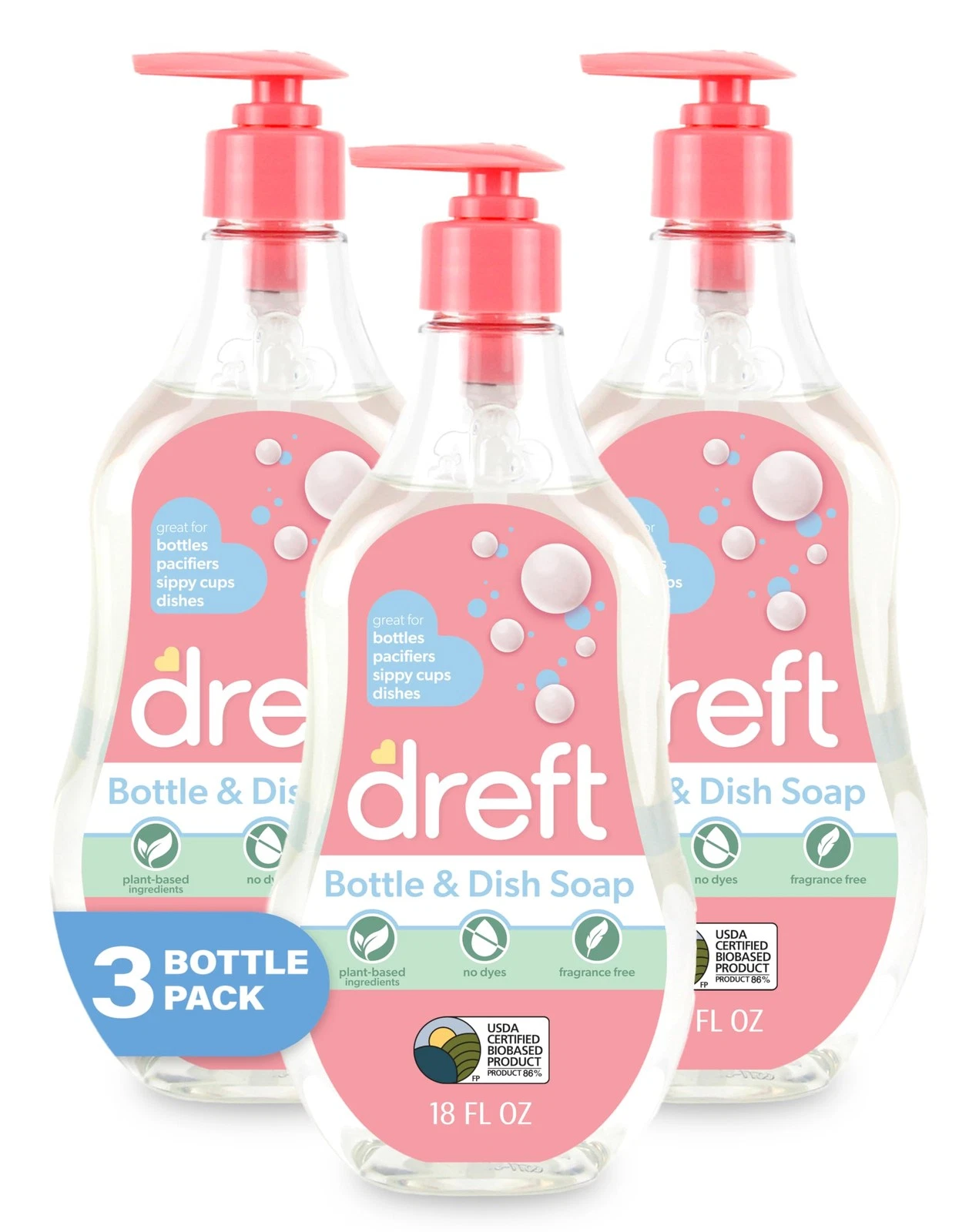DREFT Bottle and Dish Soap | Made to Clean Baby 18 Fl Oz (Pack of 3), Clear