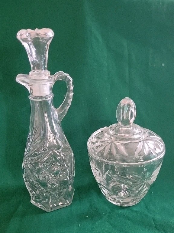 Vintage Anchor Hocking EAPG Star Cruet With Stopper And Sugar Dish With Lid