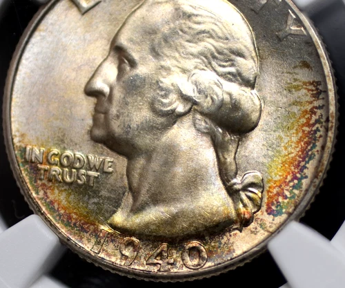 1940 D WASHINGTON QUARTER NGC MS 65 SILVERY SATINY WHITE WITH A GORGEOUS RAINBOW