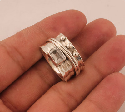 Crystal Quartz Gemstone 925 Silver Dainty Bohemian Spinning Band Women Rose Day