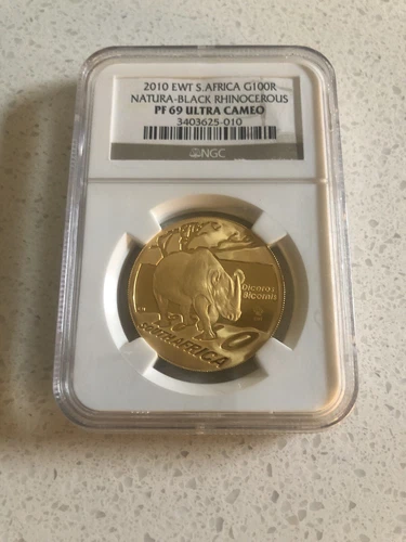 2010 South Africa Natura Launch Black Rhino 100 Rand Gold Proof Coin NGC PF69