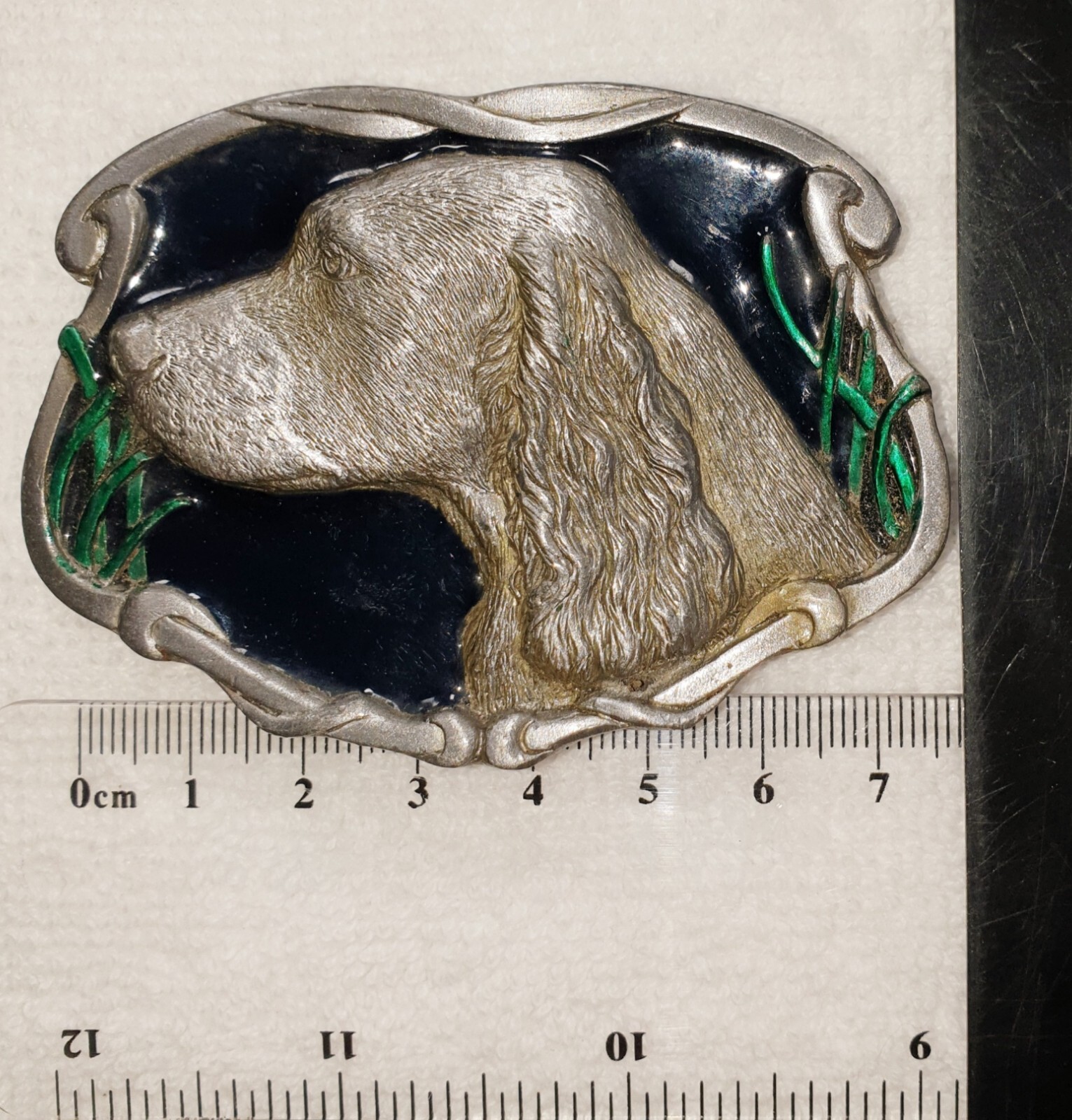 C&J INC Belt Buckle Hunting Dog with Black Enamel inlay Vintage 1991