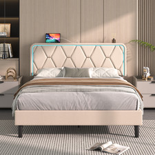 VECELO Upholstered Bed Frame Twin/Full/Queen with LED Light and Charging Station