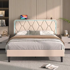 VECELO Upholstered Bed Frame Twin/Full/Queen with LED Light and Charging Station
