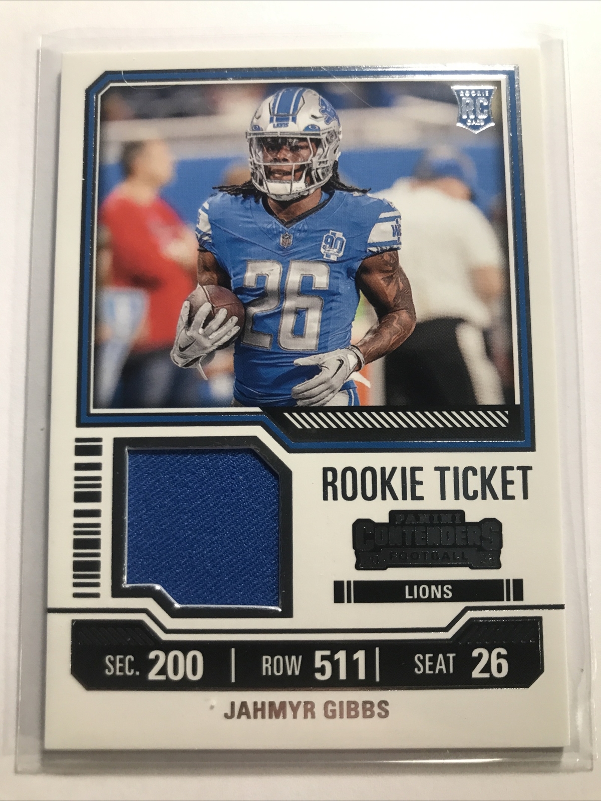 Jahmyr Gibbs 2023 Contenders #TS12 ROOKIE RC TICKET JERSEY PATCH RELIC LIONS