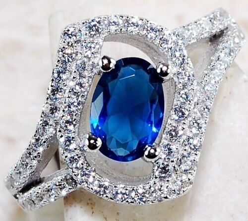 1CT Treated Blue Sapphire & White Topaz 925 Sterling Silver Ring Sz 8 I2-3
