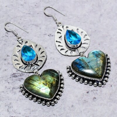 Natürlicher Labradorit, Blautopas Edelstein 925 Sterlingsilber Ohrring 2,99'' z230