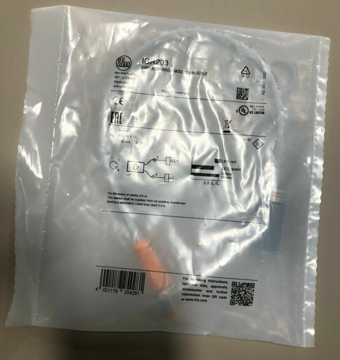 IFM Electronic IGR203 Inductive Full-metal Sensor IGB2006BARKG/AM/SC/0,3M/US/2LE