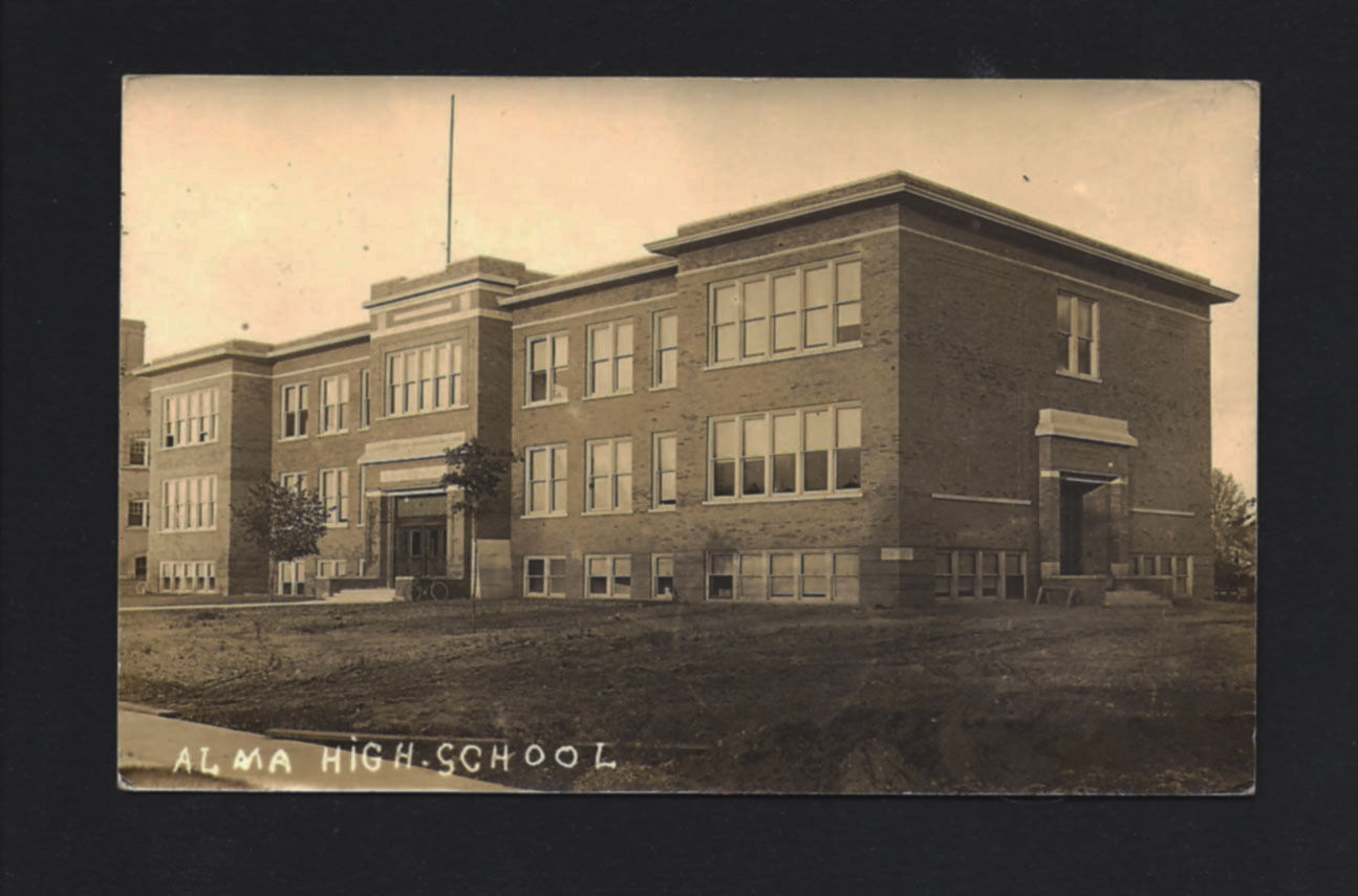 Alma Michigan MI 1914 RPPC Old Alma High School Building, Bicycle by