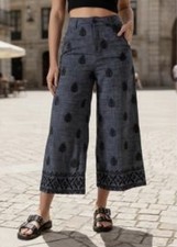 NWT Zara Cropped Wide Leg Pants Chambray Embroidered Blue High Rise Medium