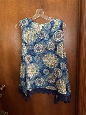 Cato Est 1946 Womens Blouse Large  Blue Sleeveless V Neck Lace Trim Lightweight