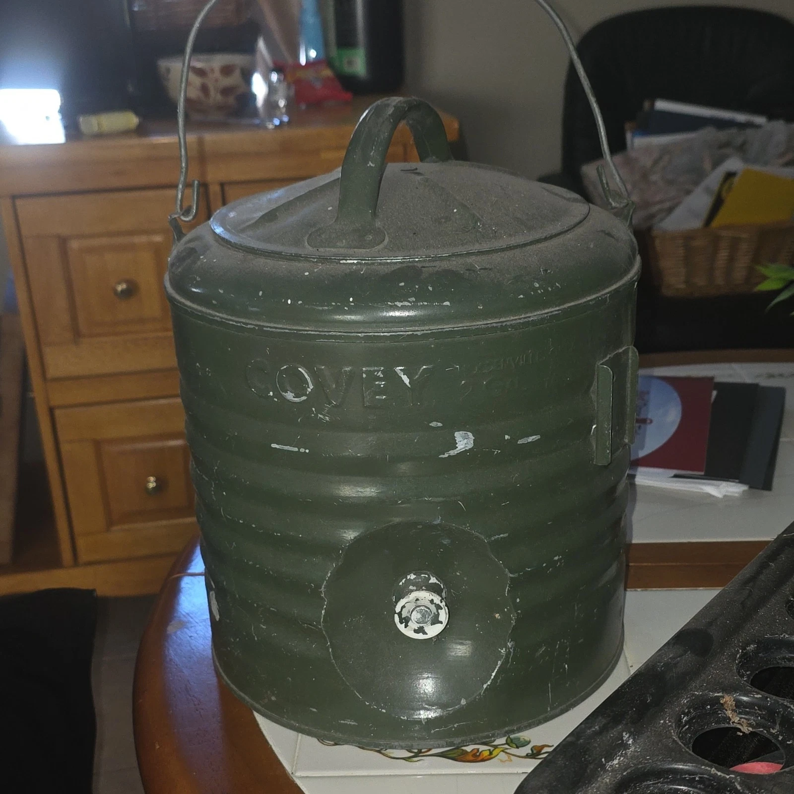 Covey Green Metal Drink Cooler with Handle, Red Handle, Spout, Durable Design