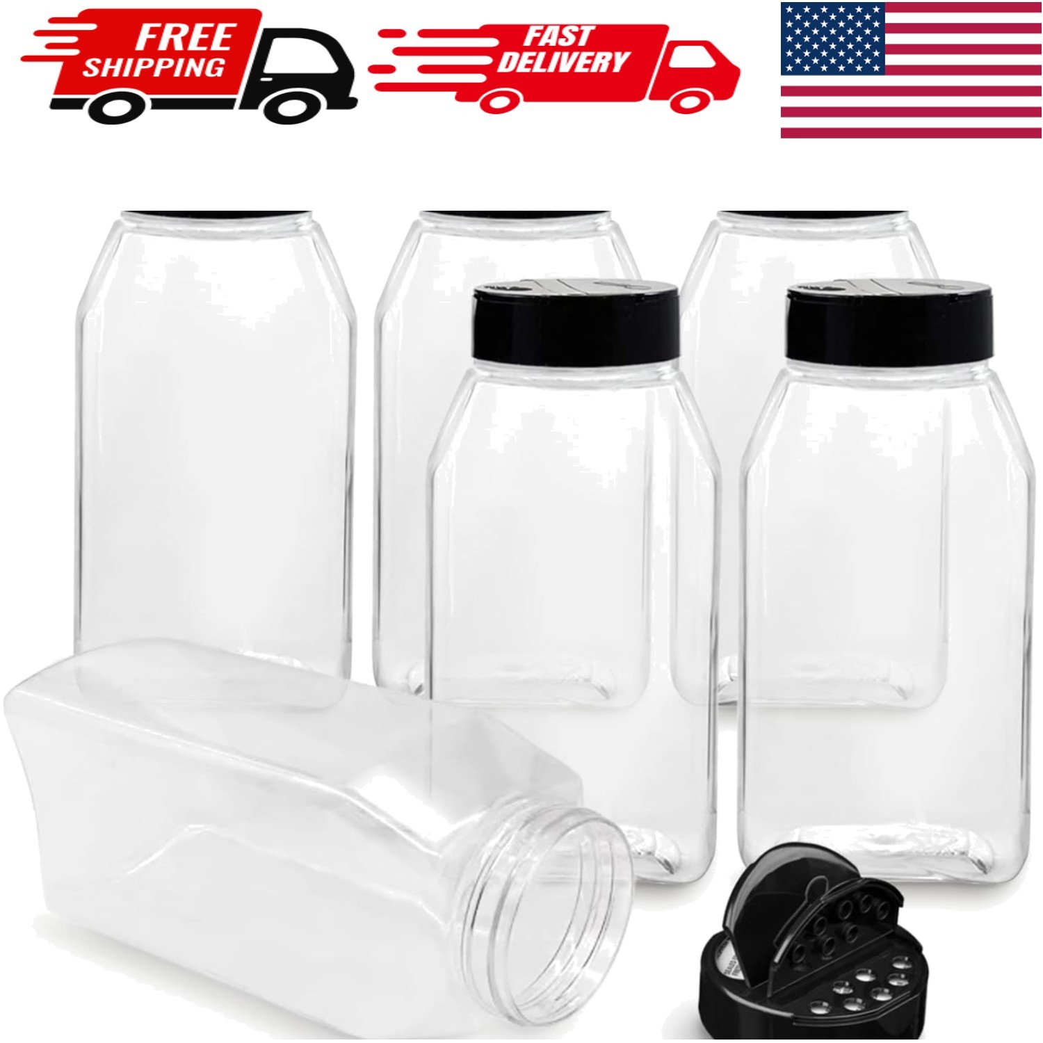 Versatile 32 Oz Clear Plastic Spice Jars - 6 Pack with Black Screw Lids