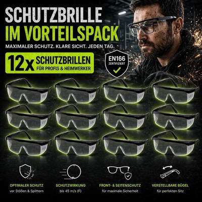 12 Stk. Schutzbrille Augenschutz Sicherheitsbrille Arbeitsbrille Kratzfest EN166