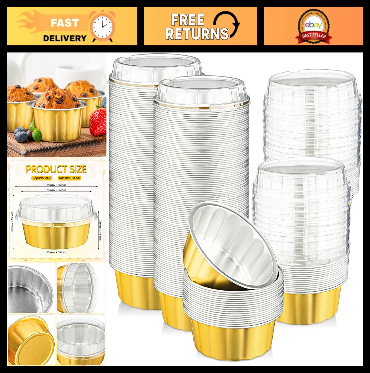 100 Pcs 8 oz Disposable Ramekins with Lids - Aluminum Foil Baking Cups for Desse