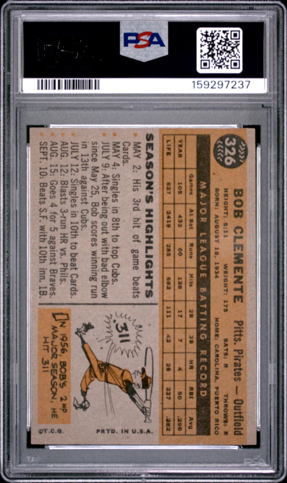 1960 Topps #326 Bob Clemente PSA 4 VG-EX view 2