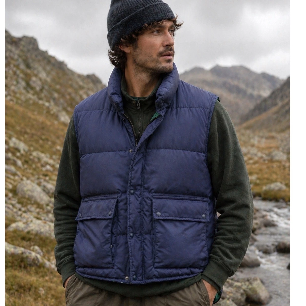 Eddie Bauer Puffer Vest Mens XL Navy Blue Goose Down Quilted Vintage Zip Snap