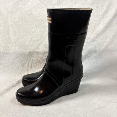 Hunter Kellan Mid Wedge Rain Boots Womens 10 Black Good Glossy Waterproof