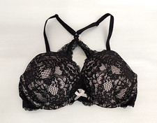 Victoria s Secret Underwire Push Up Bra Padded Cross-Back 32D Pink Black Lace