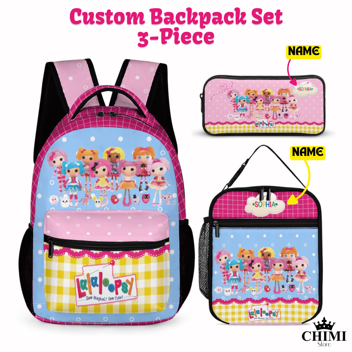 Custom Lalaloopsy 3-Piece Backpack Set for Girls – School Bag with Name