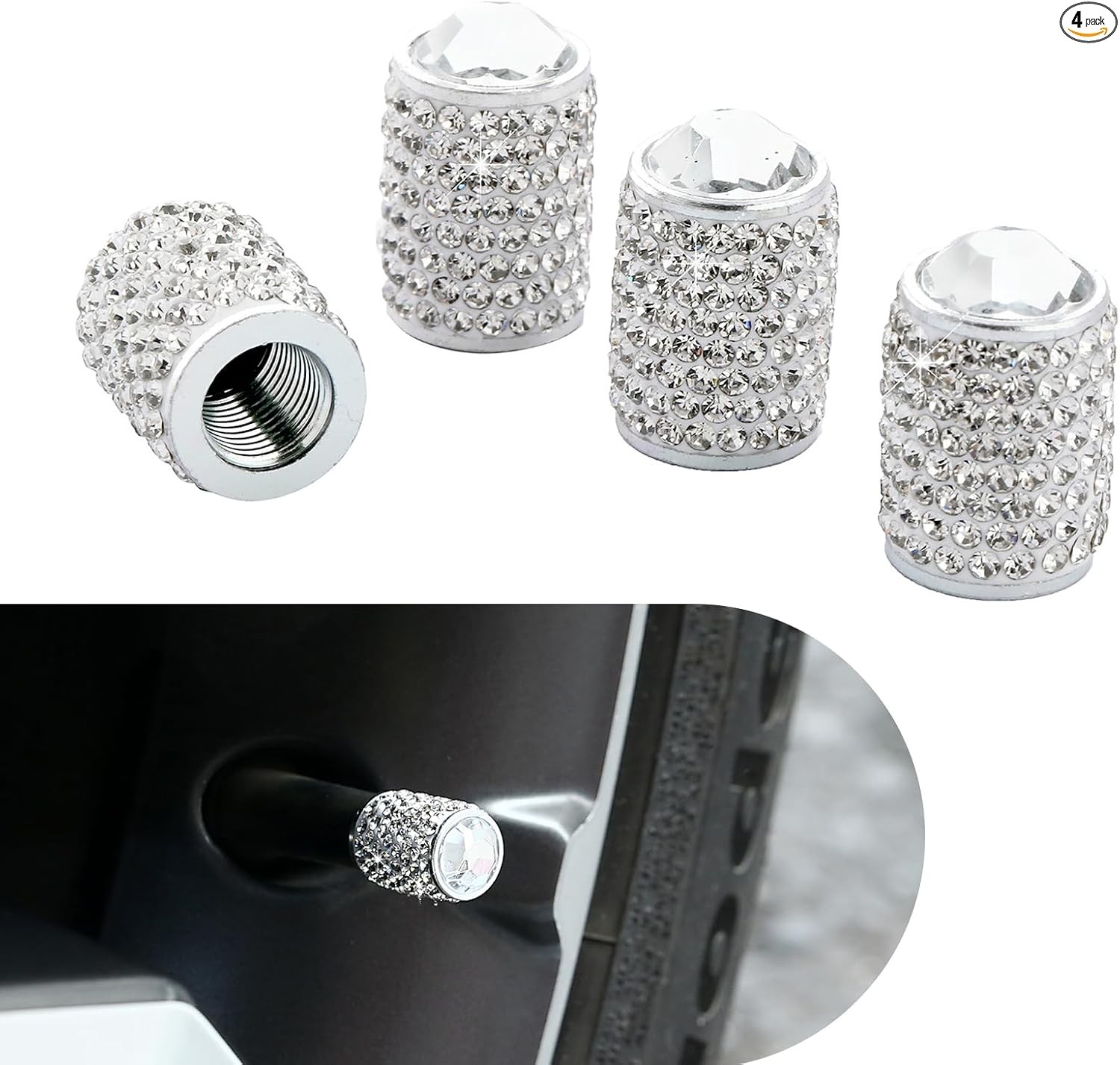 4PCS Bling Tire Valve Caps, Crystal Rhinestone Valve Stem Covers, Color: white