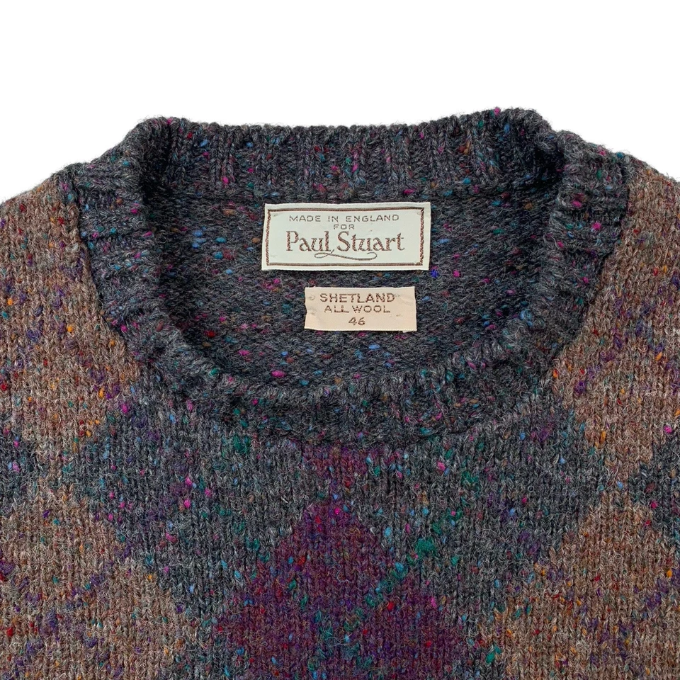 VTG 46 “ Paul Stuart Charcoal Grey Argyle Print Shetland Crew Neck Made England - Image 2 of 4